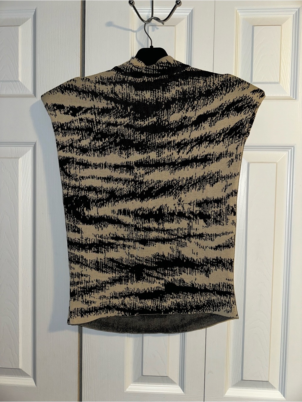 Express Sleeveless Shoulderpadded Cowl Neck Top in Beige and Black Zebra Print - Picture 3 of 3